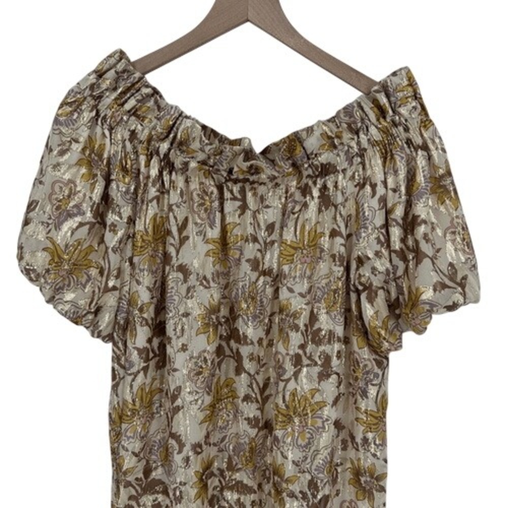 Sezane Rosita Dress in Miranda 40 US 8 Gold Floral Silk Metallic Off Shoulder - Picture 4 of 12